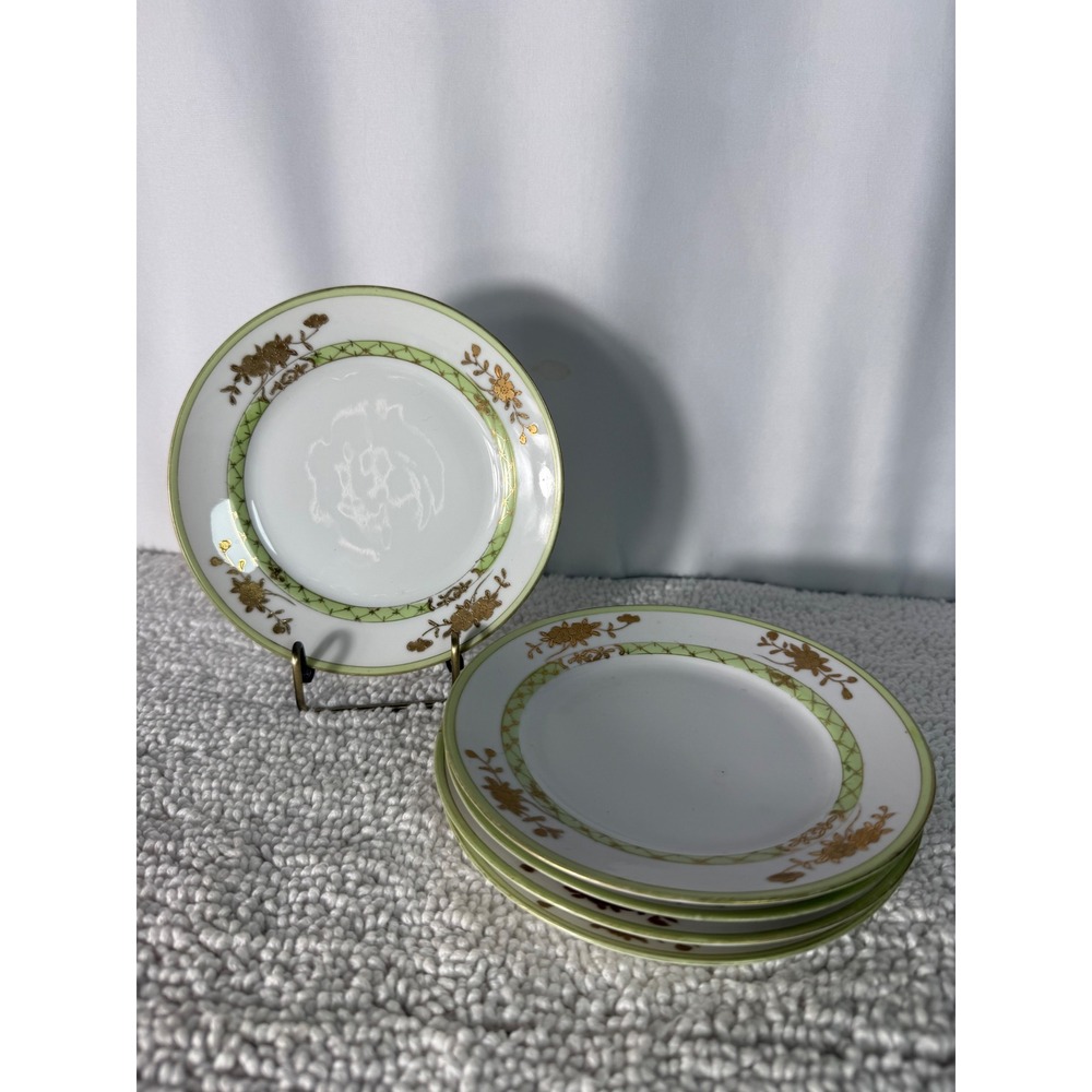 Vintage Nippon‎ Hand Painted Green Gold Floral Porcelain Plates Set of 4 6.25in